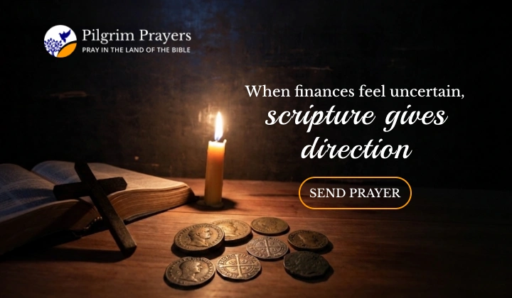 An open Bible with a few coins and a cross