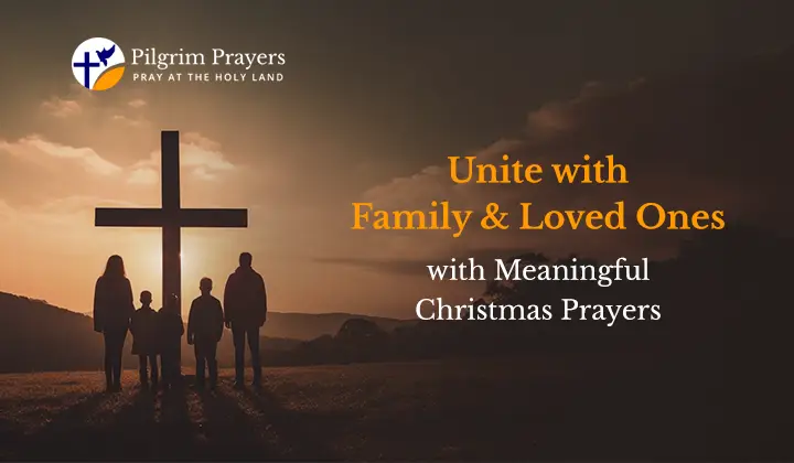 Family gathered around, praying together in unity and love.