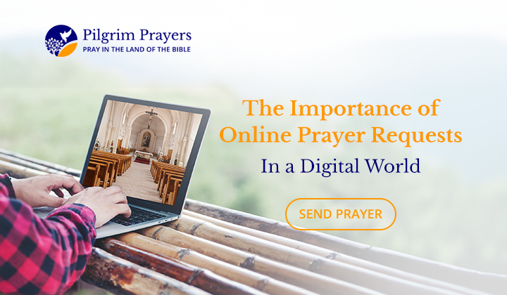 Hands in prayer near a laptop screen with an online prayer request form