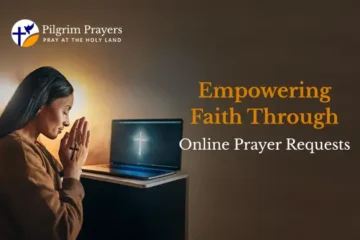 A person praying with hands clasped, a glowing laptop representing online prayer requests.