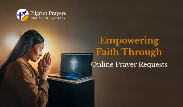 A person praying with hands clasped, a glowing laptop representing online prayer requests.