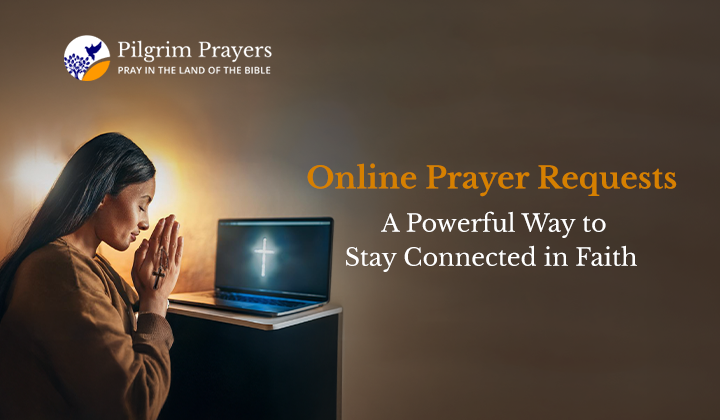 Person typing an online prayer request on a laptop with a Bible and cross nearby