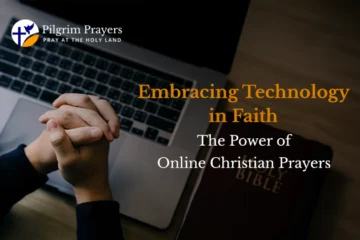 A person praying with hands over a laptop, symbolizing online Christian prayer and the connection between faith and technology.