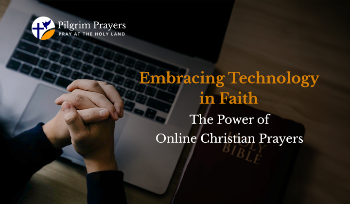 A person praying with hands over a laptop, symbolizing online Christian prayer and the connection between faith and technology.