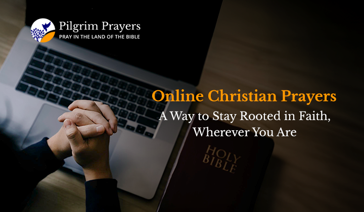 Person praying near a laptop with a Bible and a cross