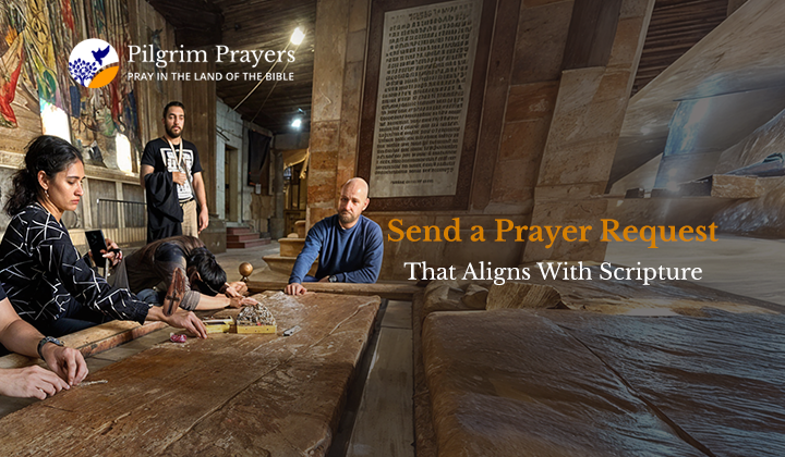 Bible open on a table with hands folded in prayer, representing sending a prayer request aligned with Scripture.