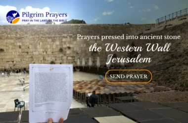 Handwritten prayer notes tucked between the ancient stones of the Western Wall in Jerusalem, representing global prayers for peace and shalom