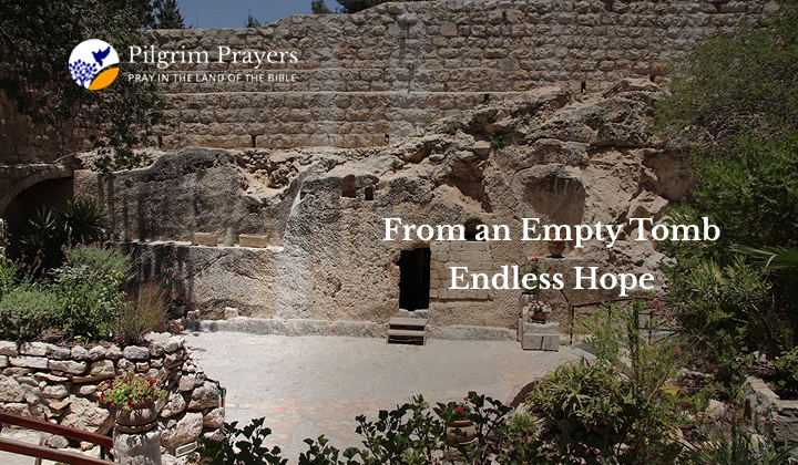 Garden Tomb in Jerusalem with olive trees and empty stone tomb representing Jesus’ resurrection