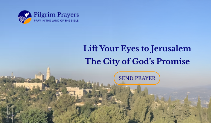 Panoramic view of Jerusalem with church towers and historic buildings, symbolizing biblical promises and Christian prayer in the Holy Land.