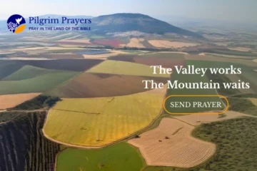 Aerial view of Mount Tabor rising above farmland in the Jezreel Valley in Galilee, Israel