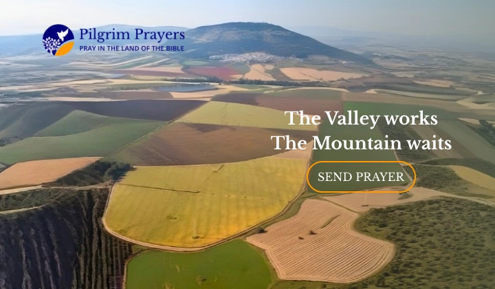 Aerial view of Mount Tabor rising above farmland in the Jezreel Valley in Galilee, Israel