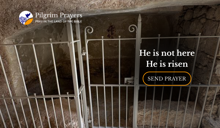 Garden Tomb Jerusalem stone garden with Bible verse Mark 16:6 He is risen