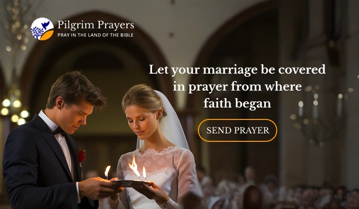Hands joined in prayer with a soft view of Jerusalem in the background, symbolizing hope and sacred prayer for marriages