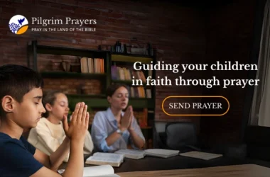 Parent praying with child at home, teaching faith and spiritual values