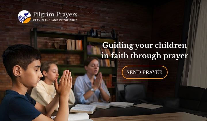 Parent praying with child at home, teaching faith and spiritual values