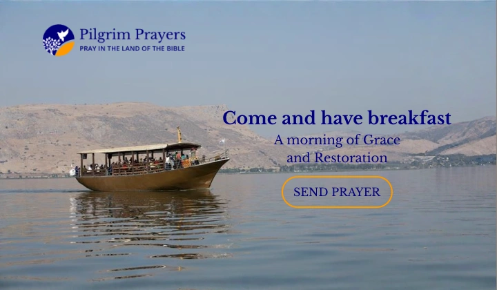 A boat sailing through the Sea of Galilee, symbolizing Jesus preparing breakfast for His disciples