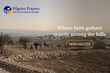 Group standing in Shepherd’s Fields with olive trees and Bethlehem in distance