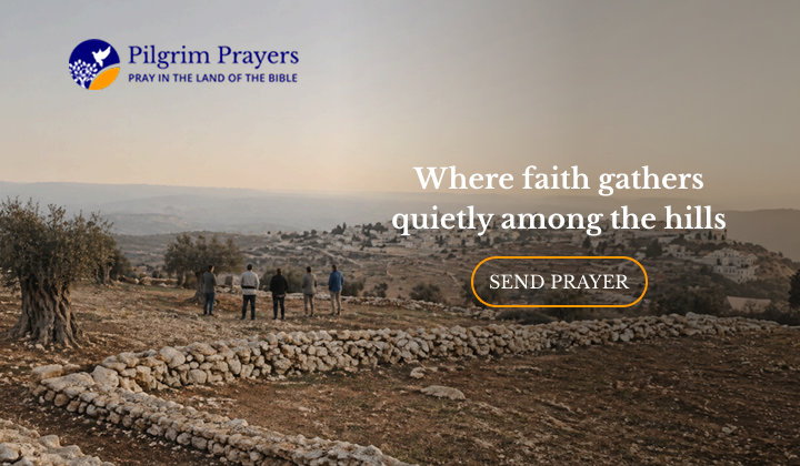Group standing in Shepherd’s Fields with olive trees and Bethlehem in distance