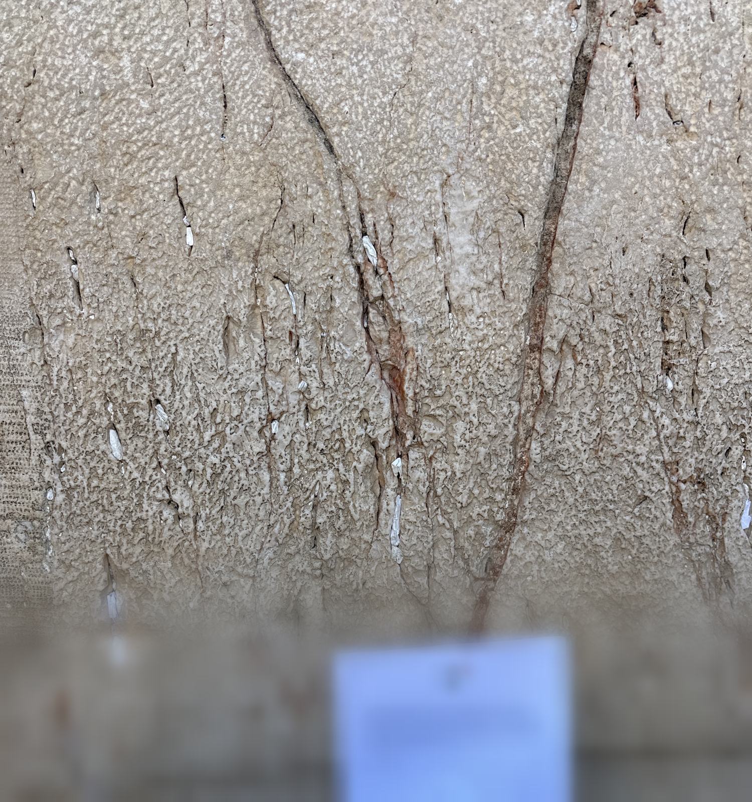 The Western Wall in Jerusalem, its cracks filled with folded paper prayers